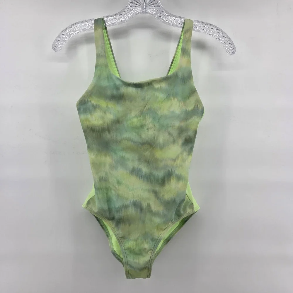 Athleta Girl One Piece Swimsuit Size 12‎ Green Abstract Vitamin Sea Sporty Beach